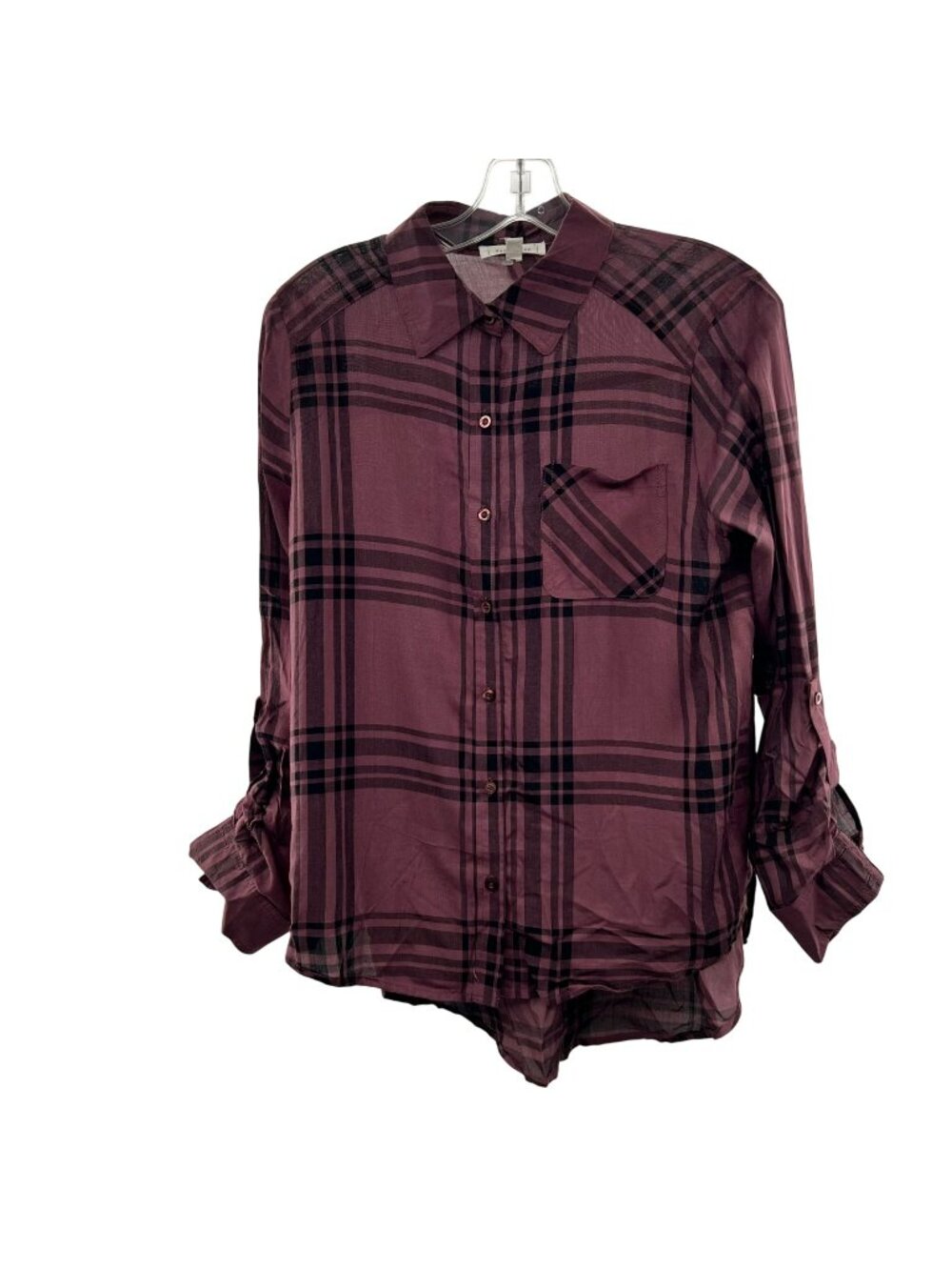 Blu Pepper Plaid Button Up Top Long Roll Tab Sleeve Purple/Black Size Small